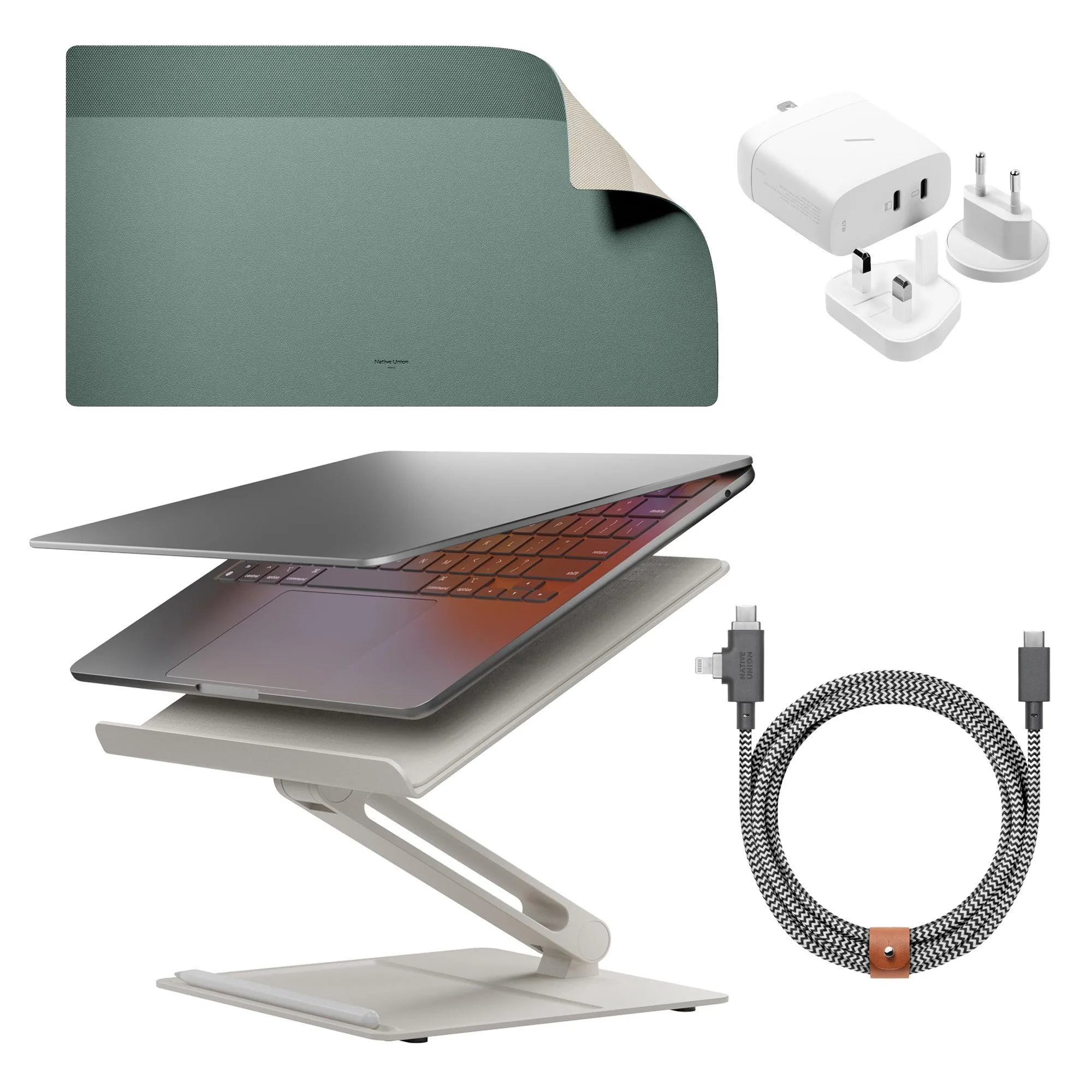 Native Union Home Desk Bundle W/ Laptop Stand Mat Gan Charger Belt Duo Cable - Sandstone