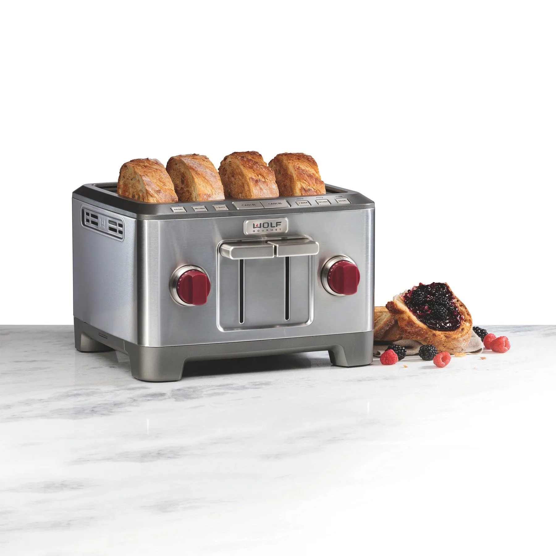 Wolf Gourmet Stainless Steel 4 Slice Toaster w/Red Knobs