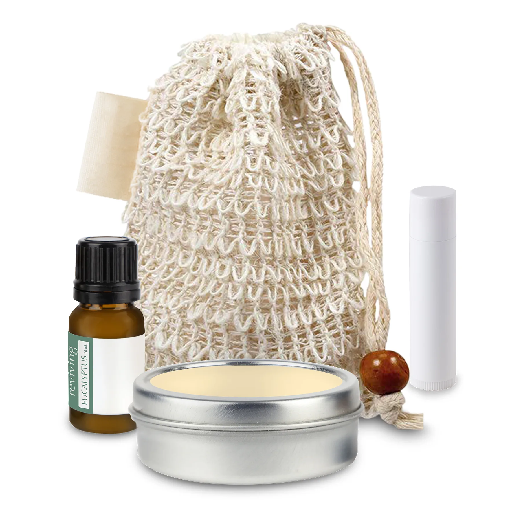 Loofah Bag with Essential Oil, Candle Tin, and Lip Balm view 2