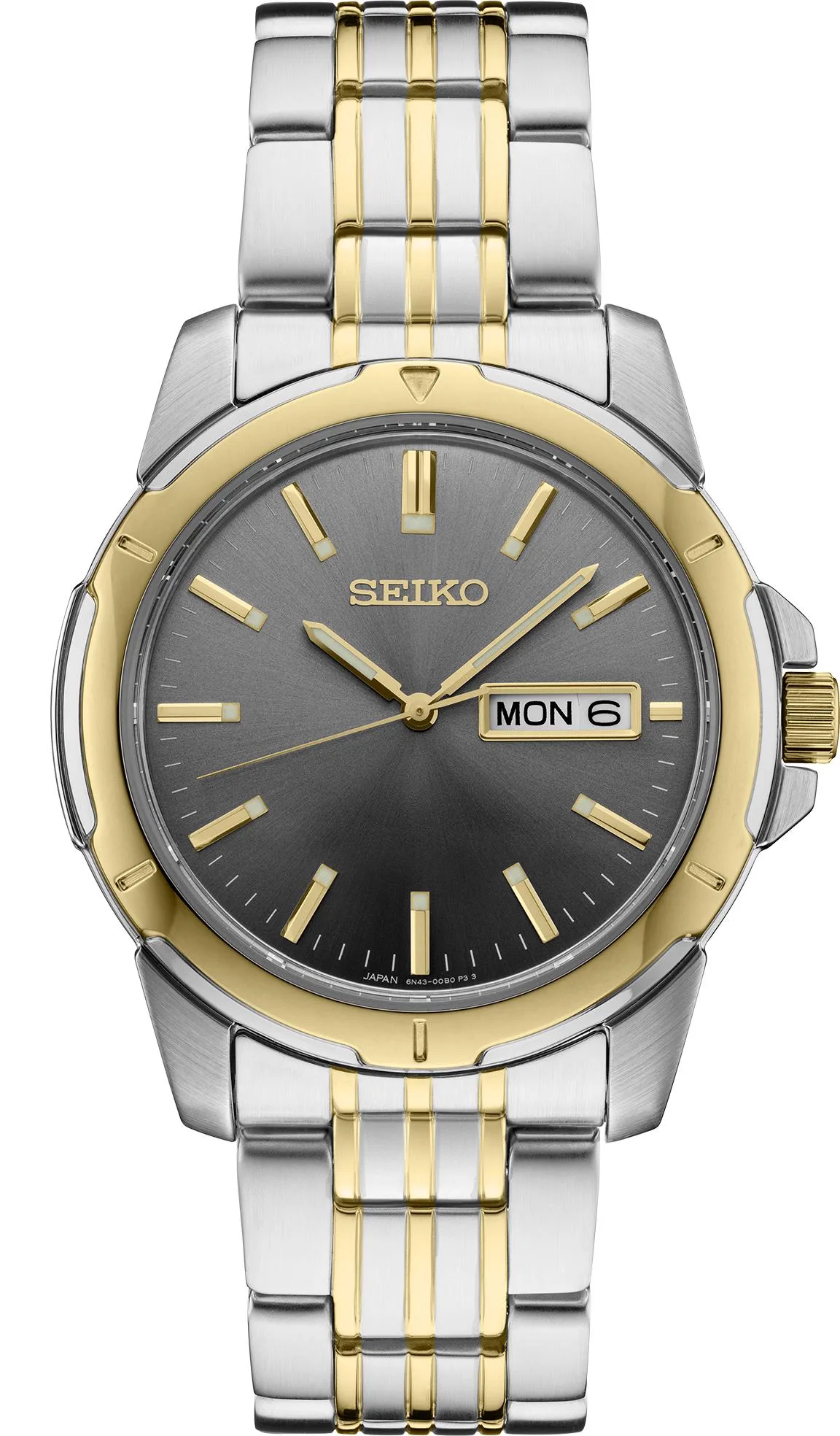 Seiko Watch Mens Two Tone Case Charcoal Dial Day/Date Calendar