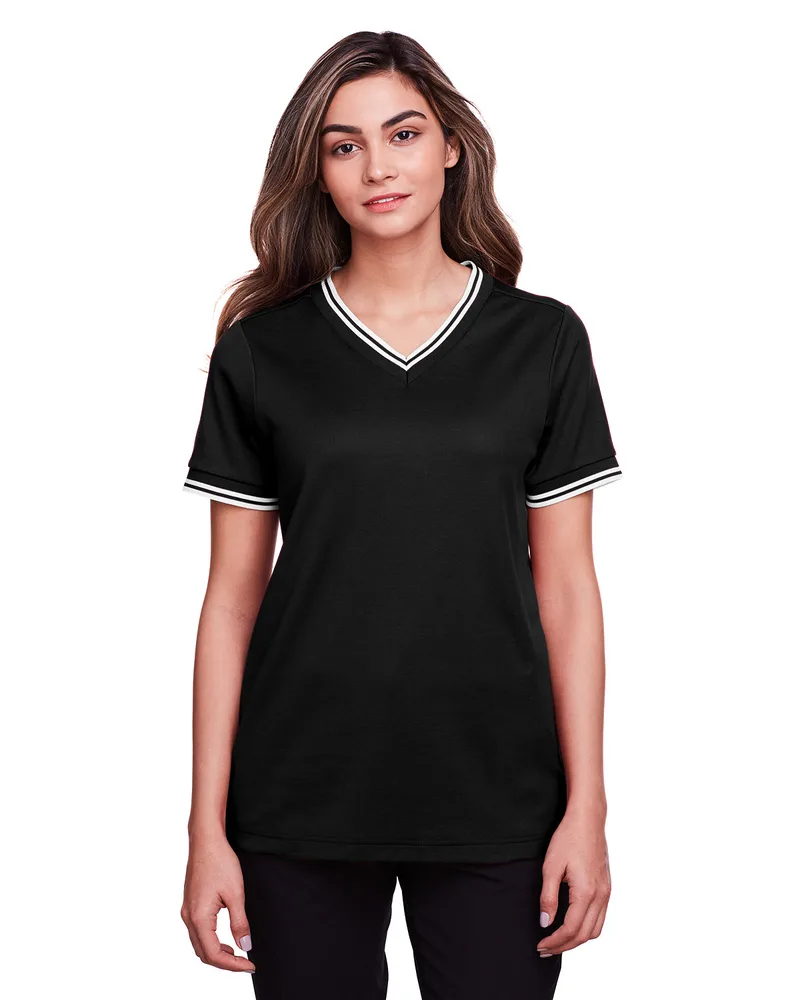 Devon and Jones CrownLux Performance? Ladies' Plaited Tipped V-Neck Top