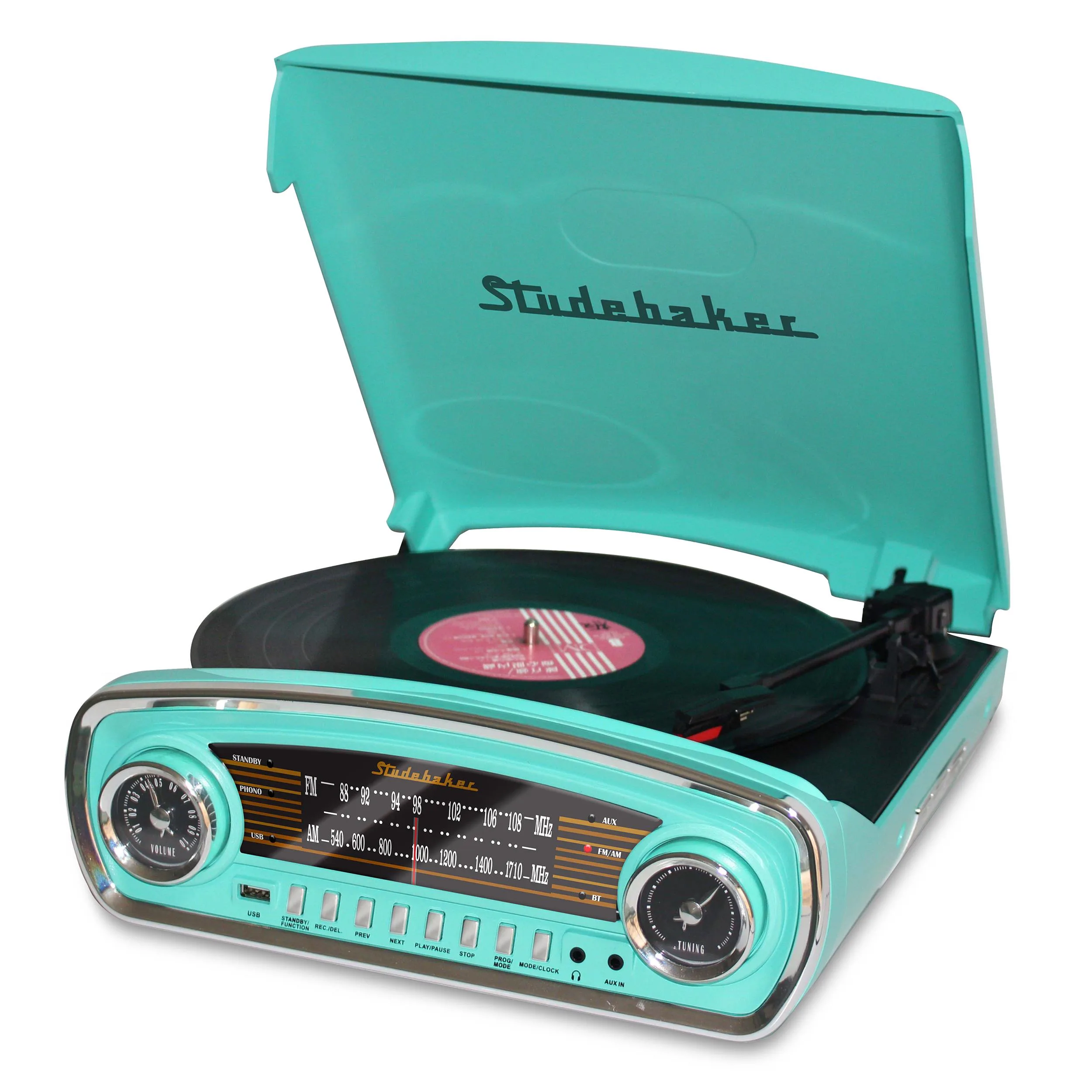 Studebaker Teal 3 Speed Turntable w/Bluetooth Receive And Am/Fm Radio