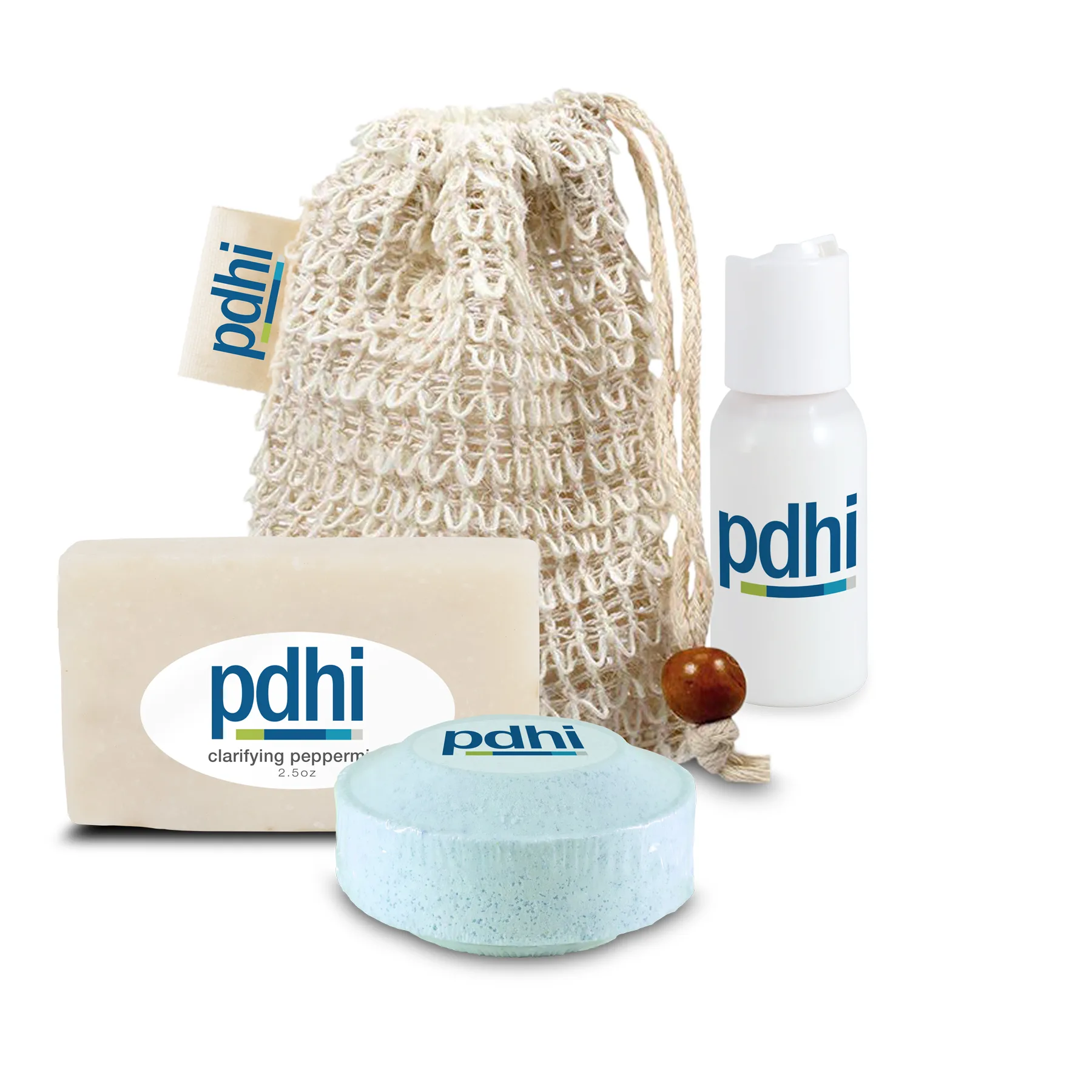Loofah Bag Self Care Set with Mini Soap, Shower Steamer, and Lotion, Sewn-in Tag
