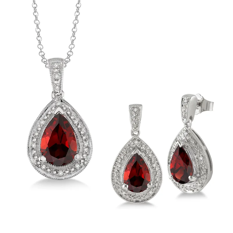 Jilco Inc Garnet & Diamond Earring And Necklace Set