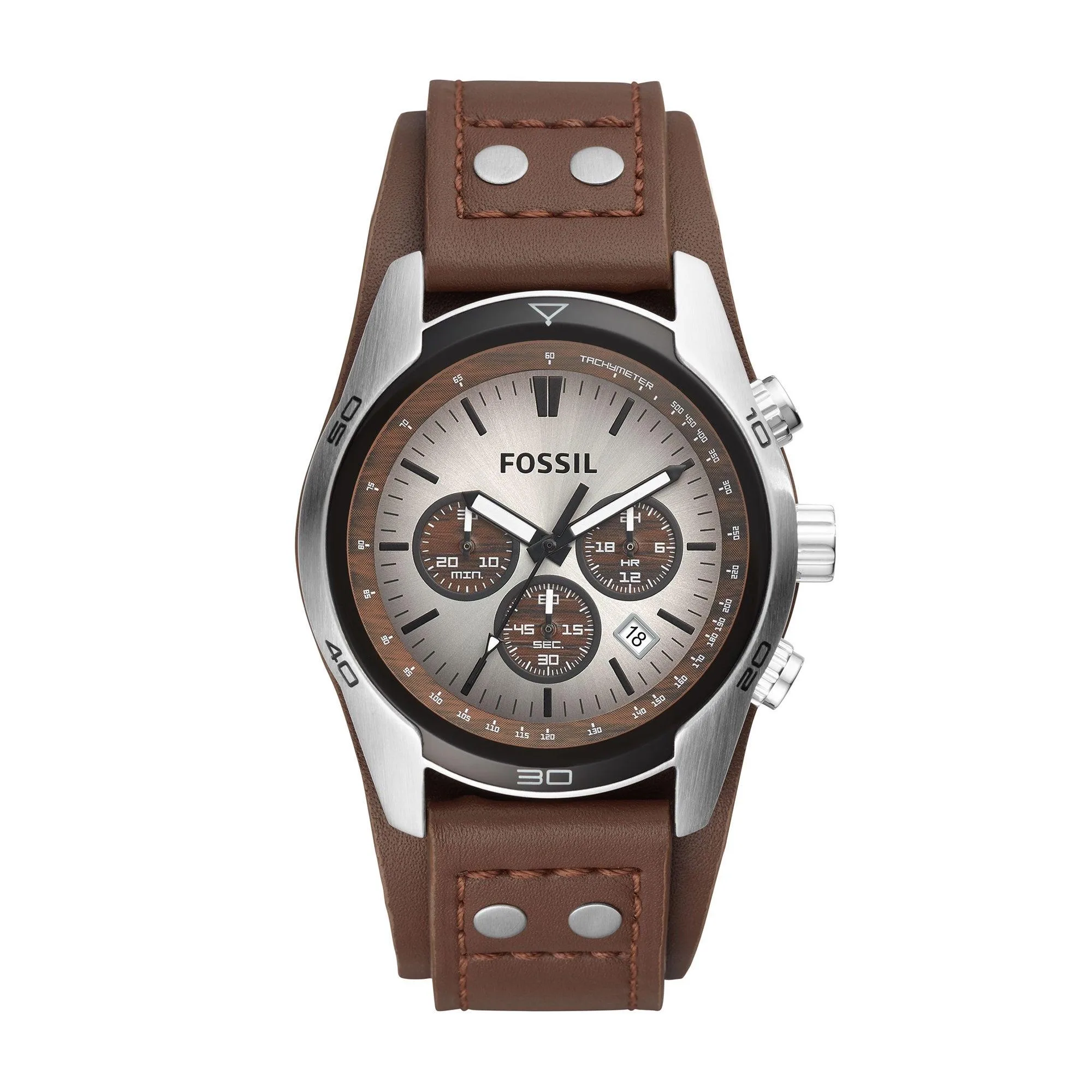 Fossil Mens Coachman Chronograph Brown Leather Watch Silver & Brown Dial