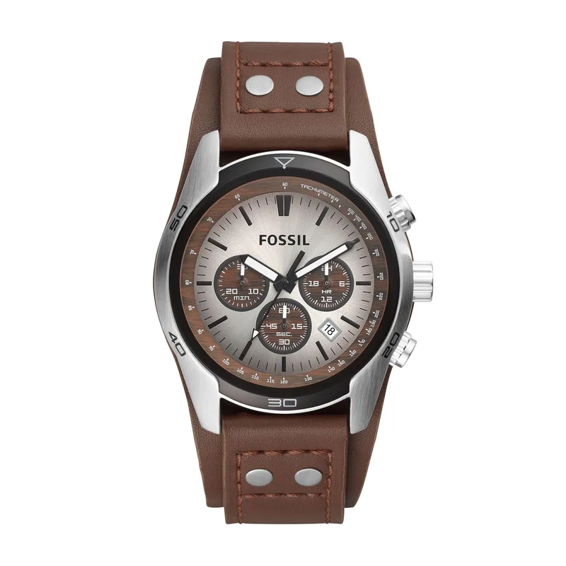 Fossil Mens Coachman Chronograph Brown Leather Watch Silver & Brown Dial