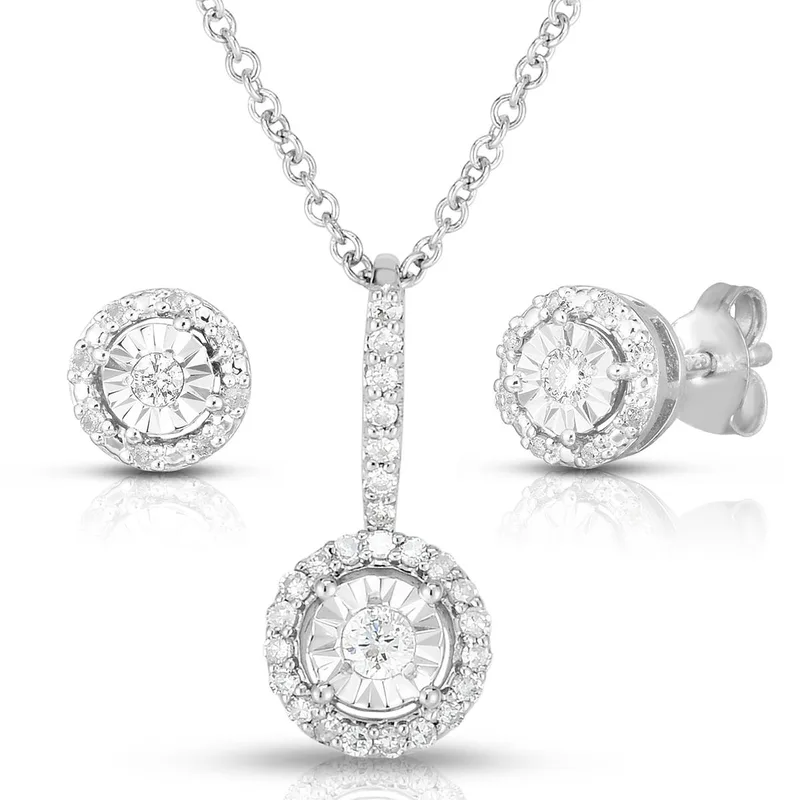 Jilco Inc Diamond Cluster Earrings & Necklace Set - Sterling Silver