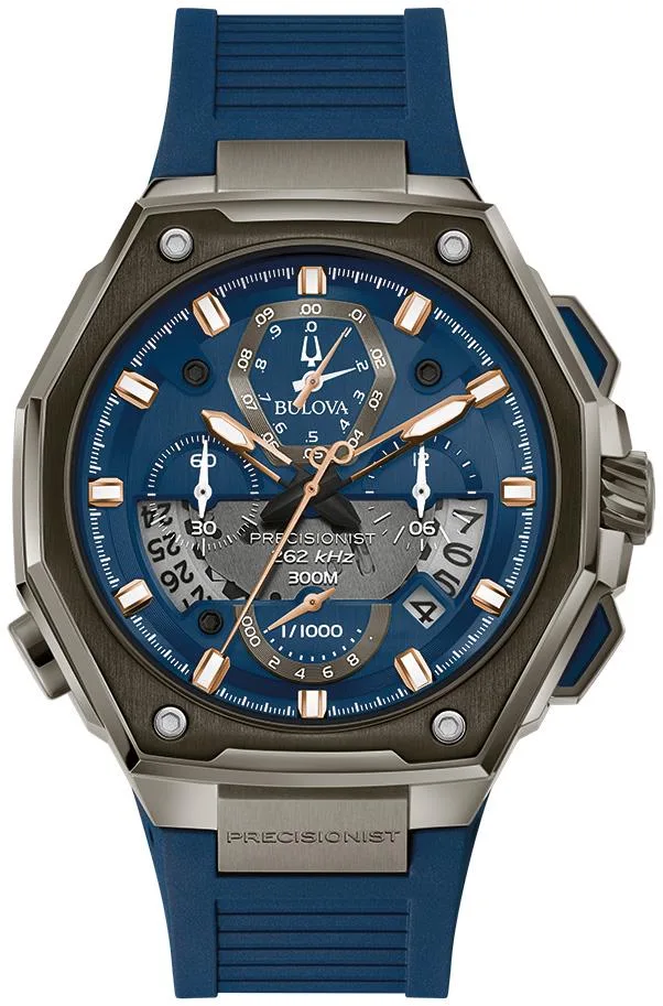 Bulova Watches Men's Precisionist Gray Damascus Steel w/Blue Chronograph Dial And Blue Rubber Strap