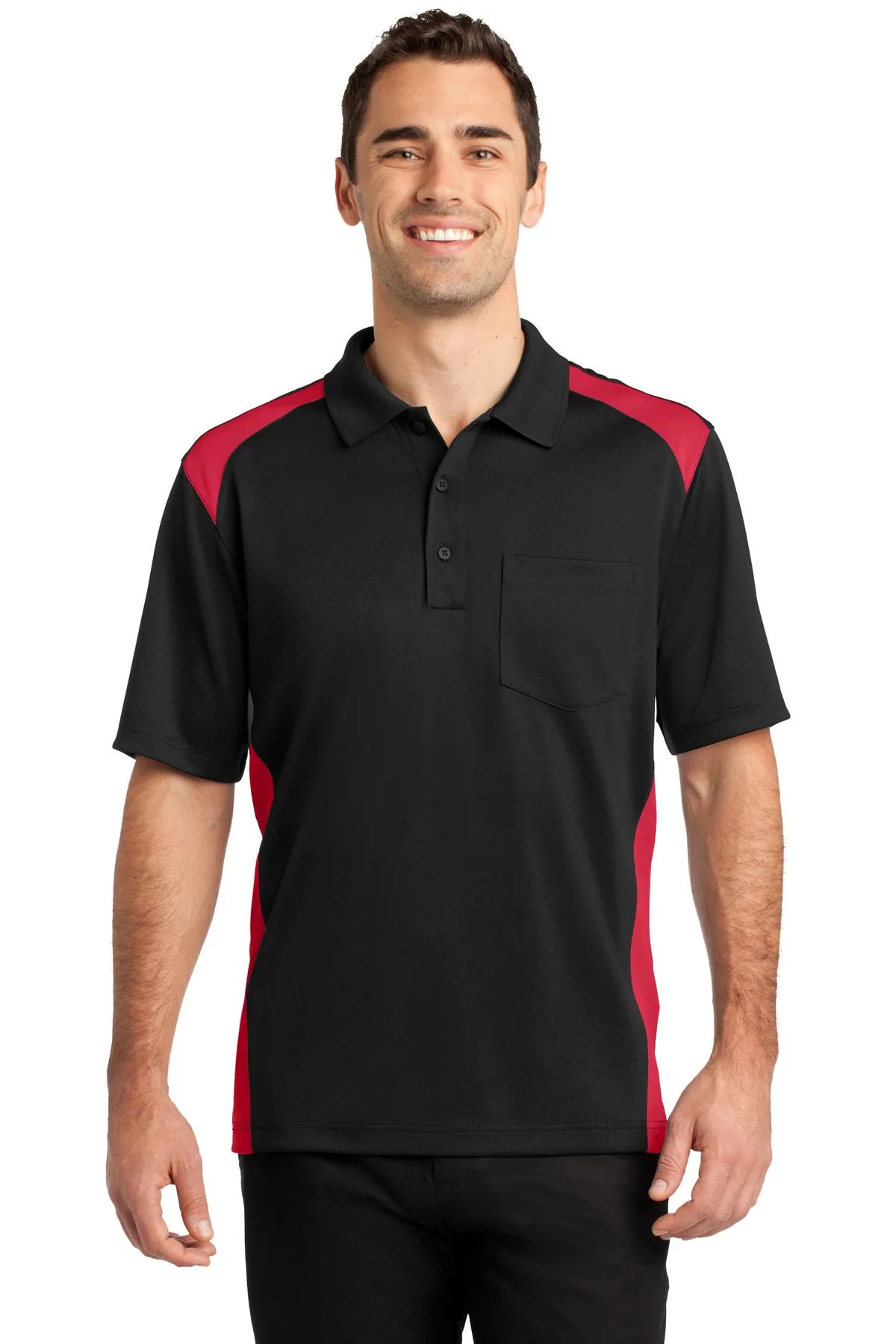 CornerStone® Select Snag-Proof Two Way Colorblock Pocket Polo. — Black/Charcoal Gray