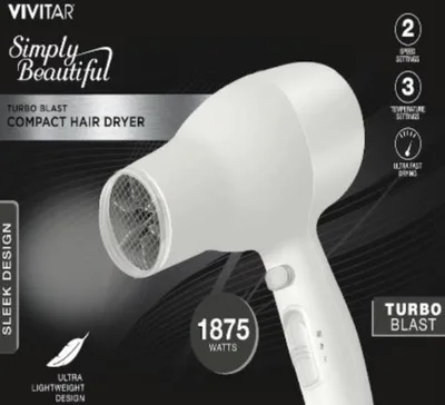 Health, Beauty & Fitness Vivitar 1875 Watt Turbo Blast Compact Hair Dryer - White