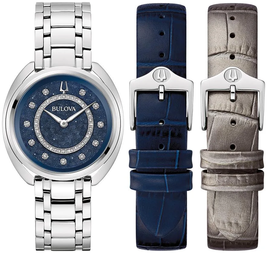 Bulova Watches Ladies' Crystal Duality Set Ss Bracelet Blue Dial Leather Interchangeable Straps