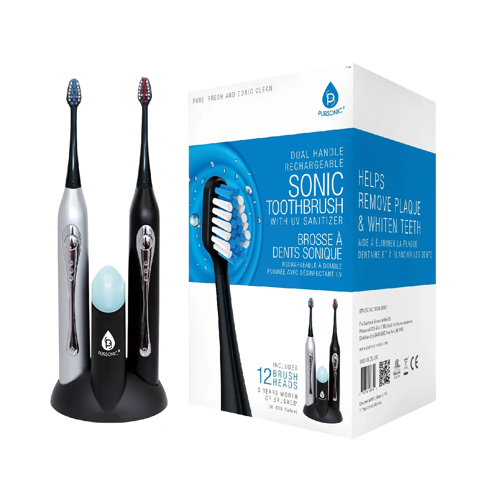 Pursonic Dual Handle Sonic Toothbrush w/Uv Sanitizer - Black & Zebra