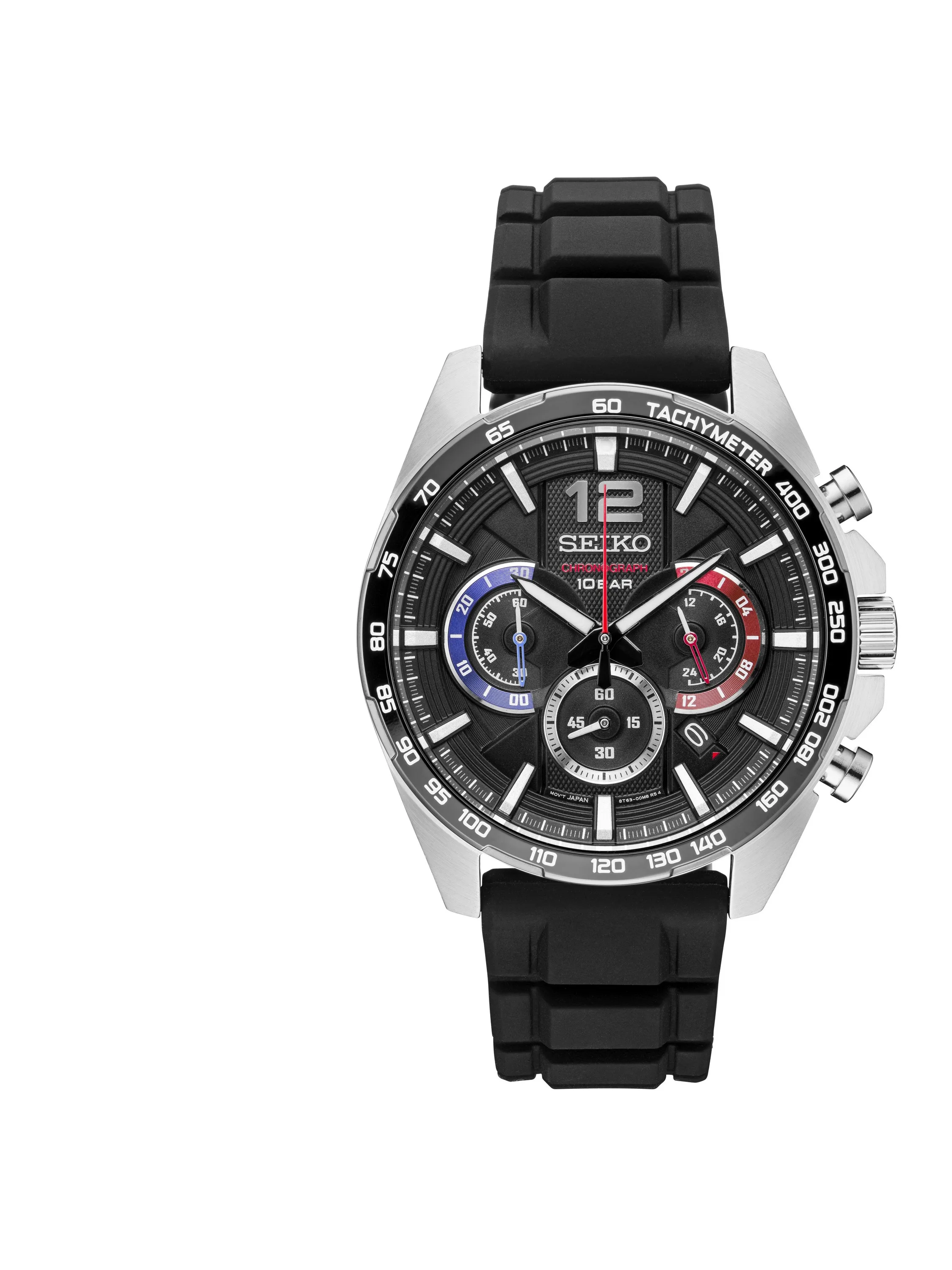 Seiko Watch Mens Chronograph Silver Case w/Black Dial w/Blue & Red Accents