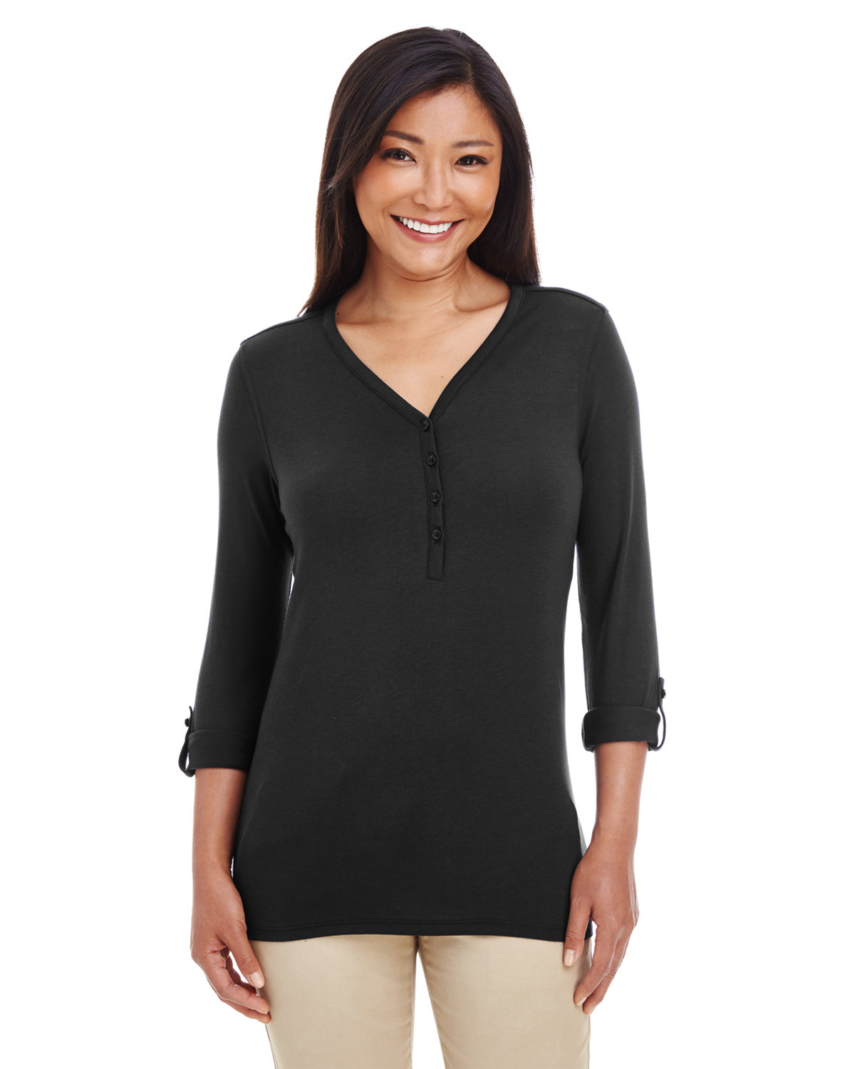 Devon and Jones Ladies' Perfect Fit™ Y-Placket Convertible Sleeve Knit Top