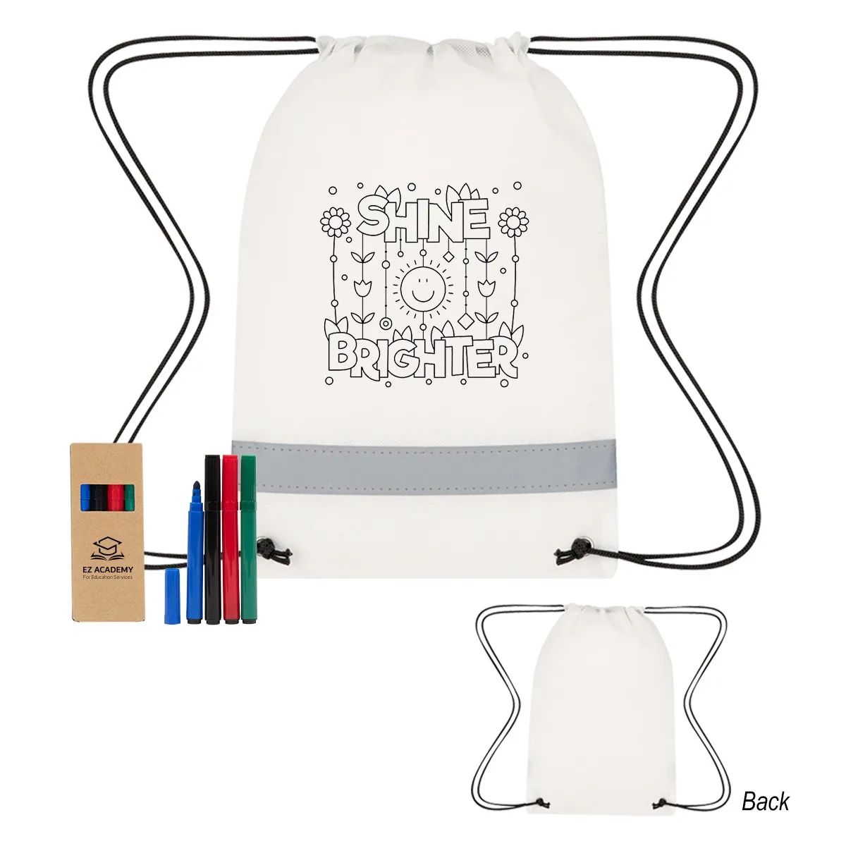 Lil' Bit Reflective Non-woven Coloring Drawstring Bag With 4-piece Washable Marker Set view 2