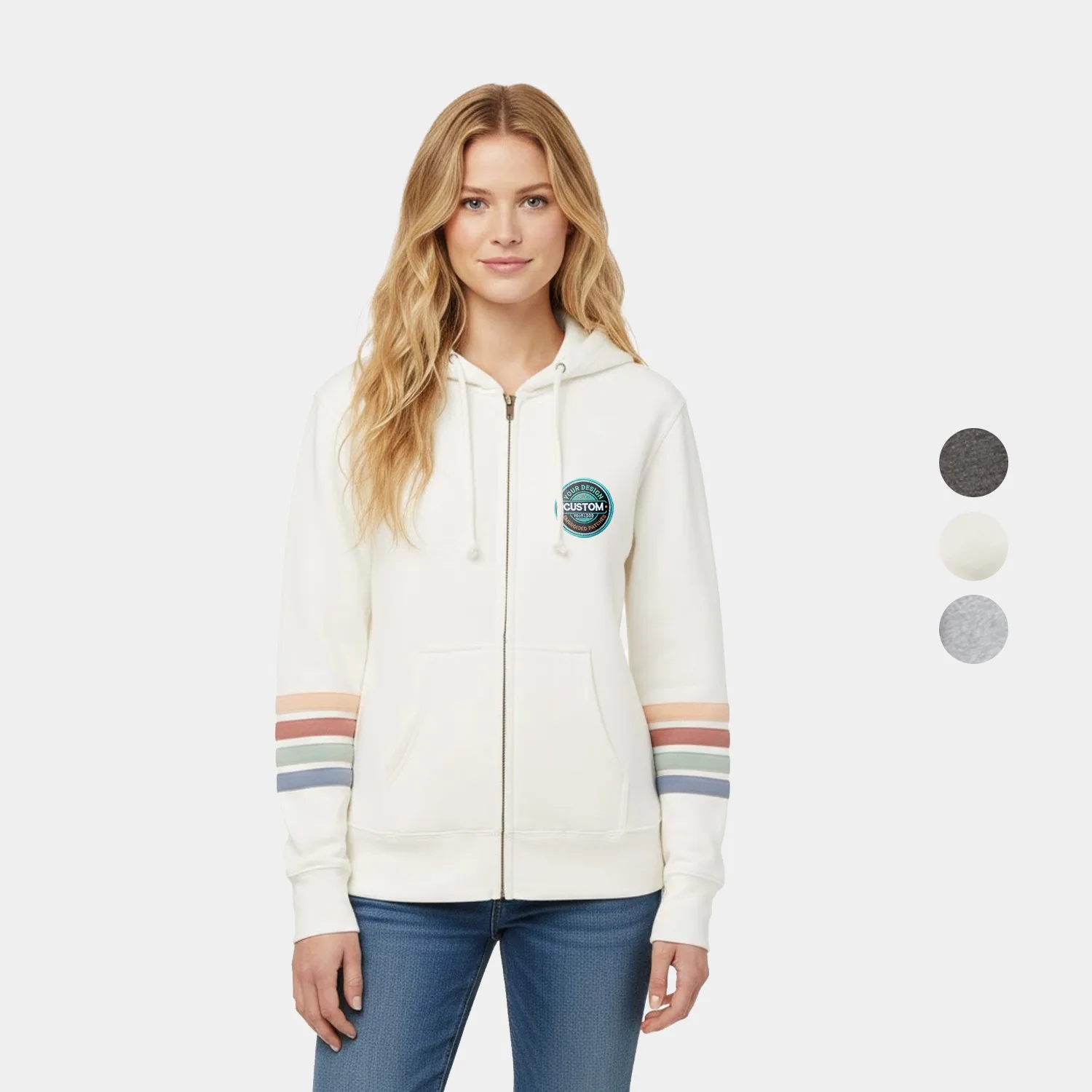 Naamah Cotton-Poly Sleeve Stripe Full Zip Hoodie