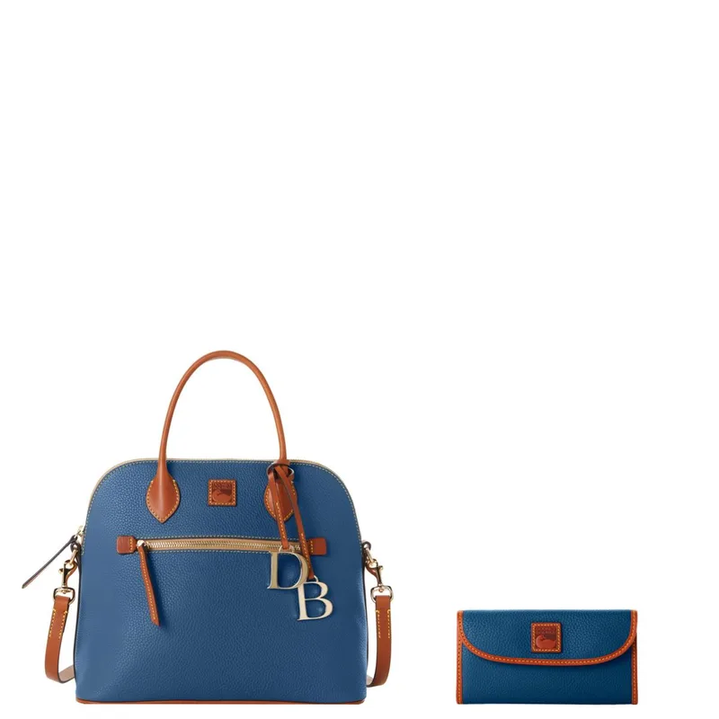 Dooney & Bourke Blue Pebble Grain Large Domed Satchel And Continental Clutch Set