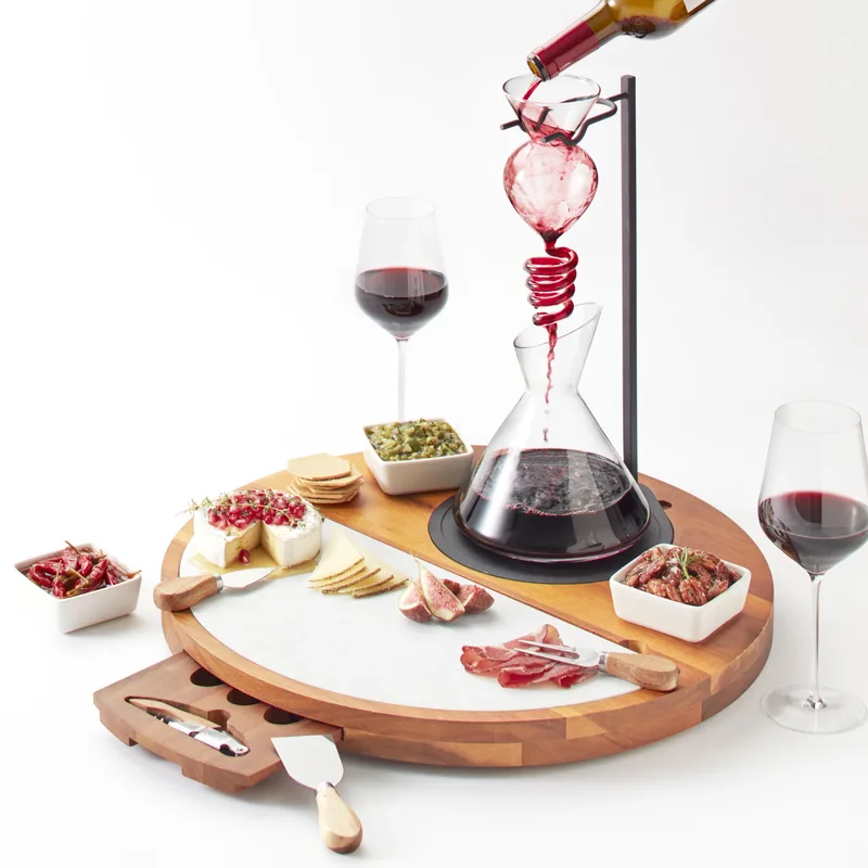 Wine Enthusiast All-In-One Acacia Wood Cheeseboard And Wine Decanter Serving Set