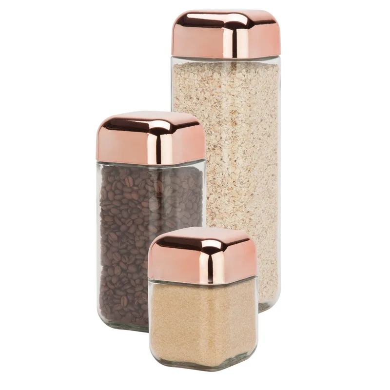 Honey-Can-Do 3 Piece Square Glass Storage Jar Set w/Copper Lids