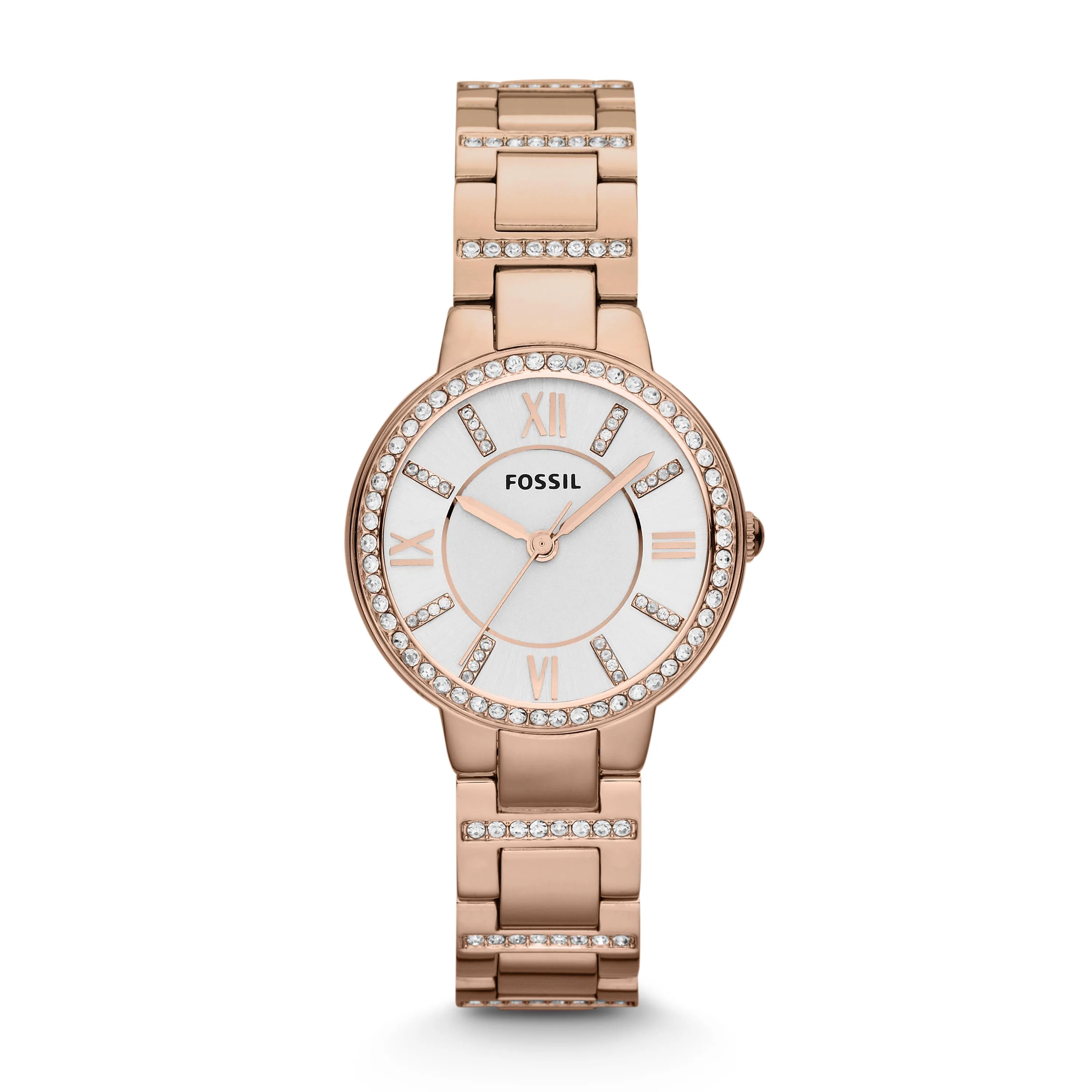 Fossil Ladies Virginia Crystal Rose Gold Watch Silver Dial