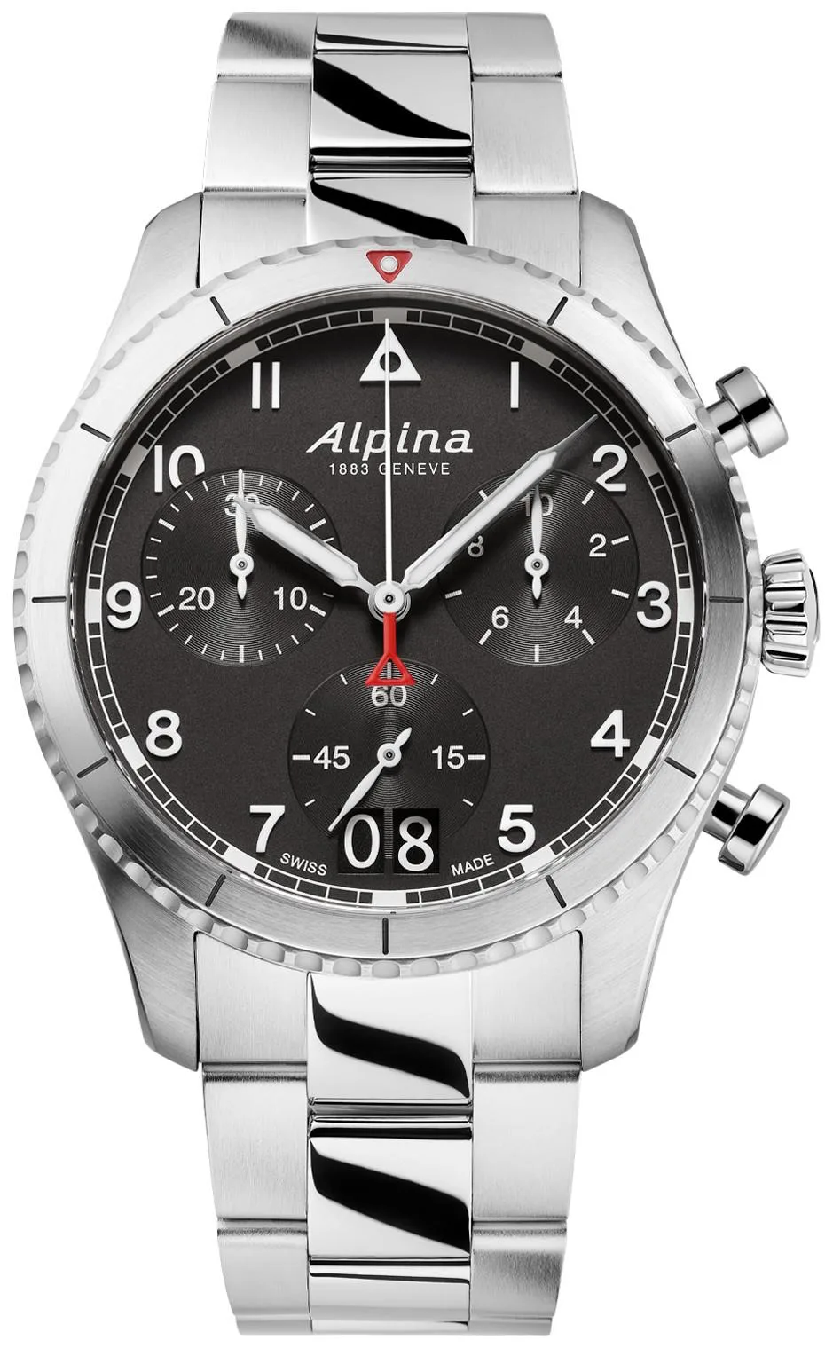 Alpina Mens Quartz Startimer Stainless Steel Bracelet Watch Black Dial