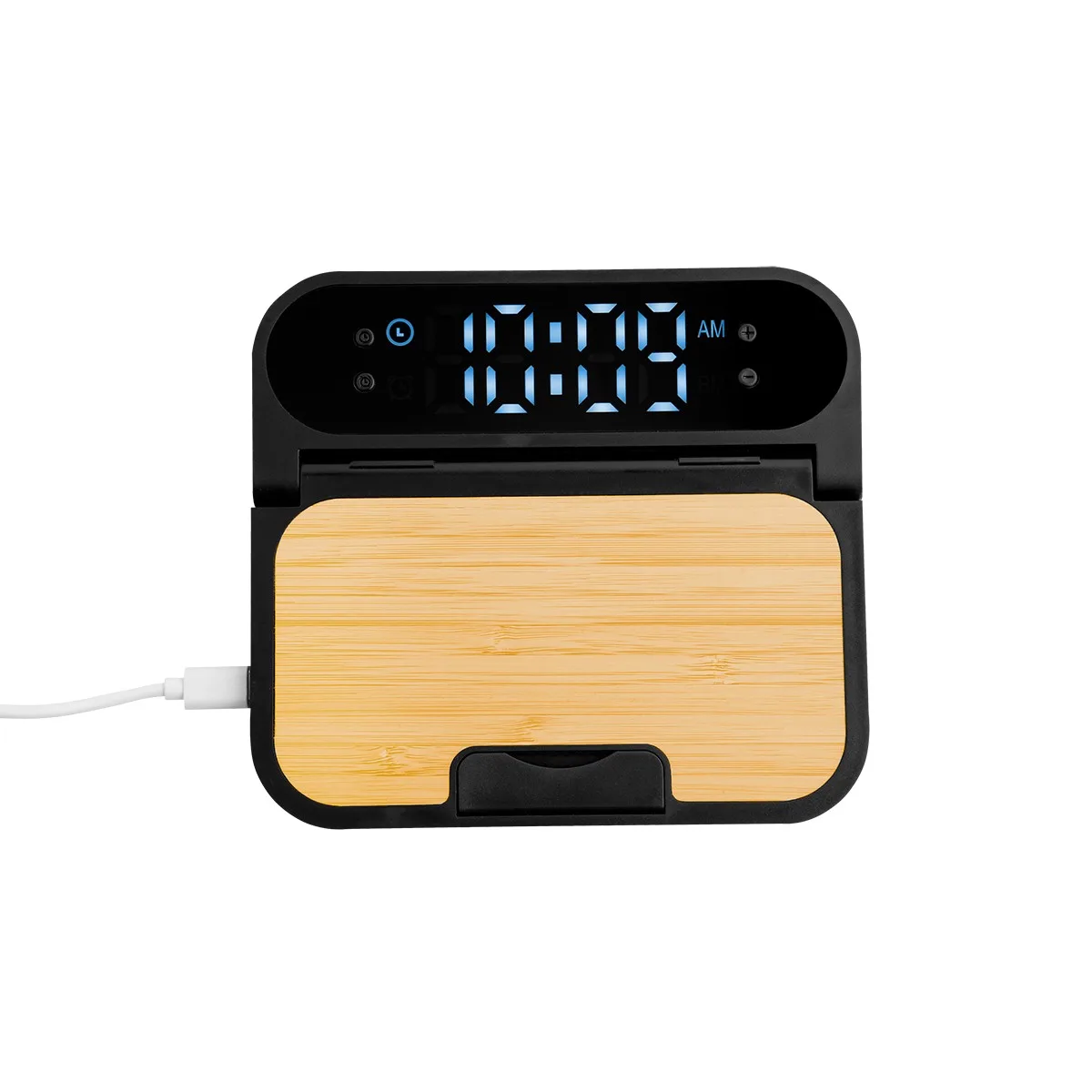 15w Bamboo Folding Charger With Digital Clock view 3