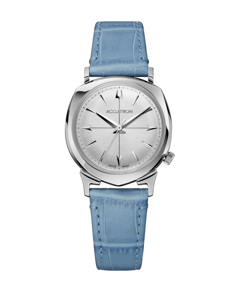 Accutron Unisex Legacy Blue Leather Strap Watch w/Silver White Dial