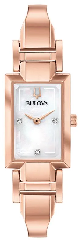 Bulova Watches Ladies' Rose Gold Tone Tank Cuff Watch w/Diamond Accent/White Mother Of Pearl Dial