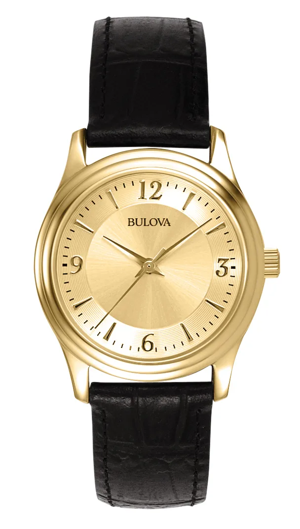 Bulova Watches Corporate Collection Ladies' Black Leather Strap Watch w/Gold Dial