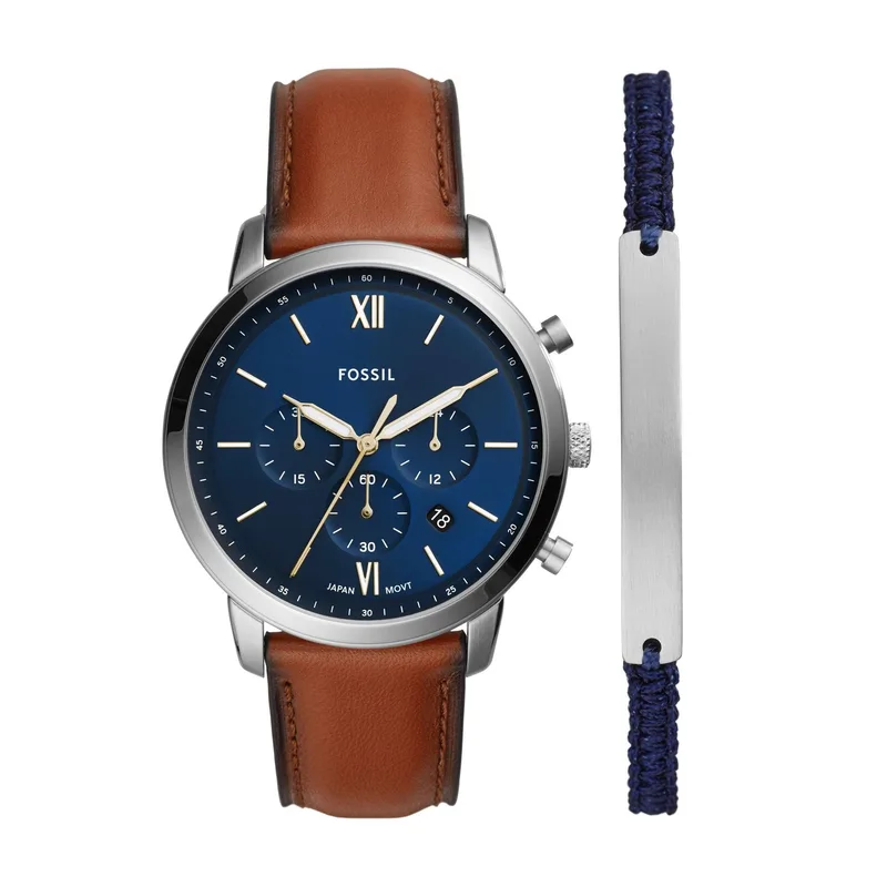 Fossil Men's Neutra Chronograph Brown Leather Strap Watch & Bracelet Set