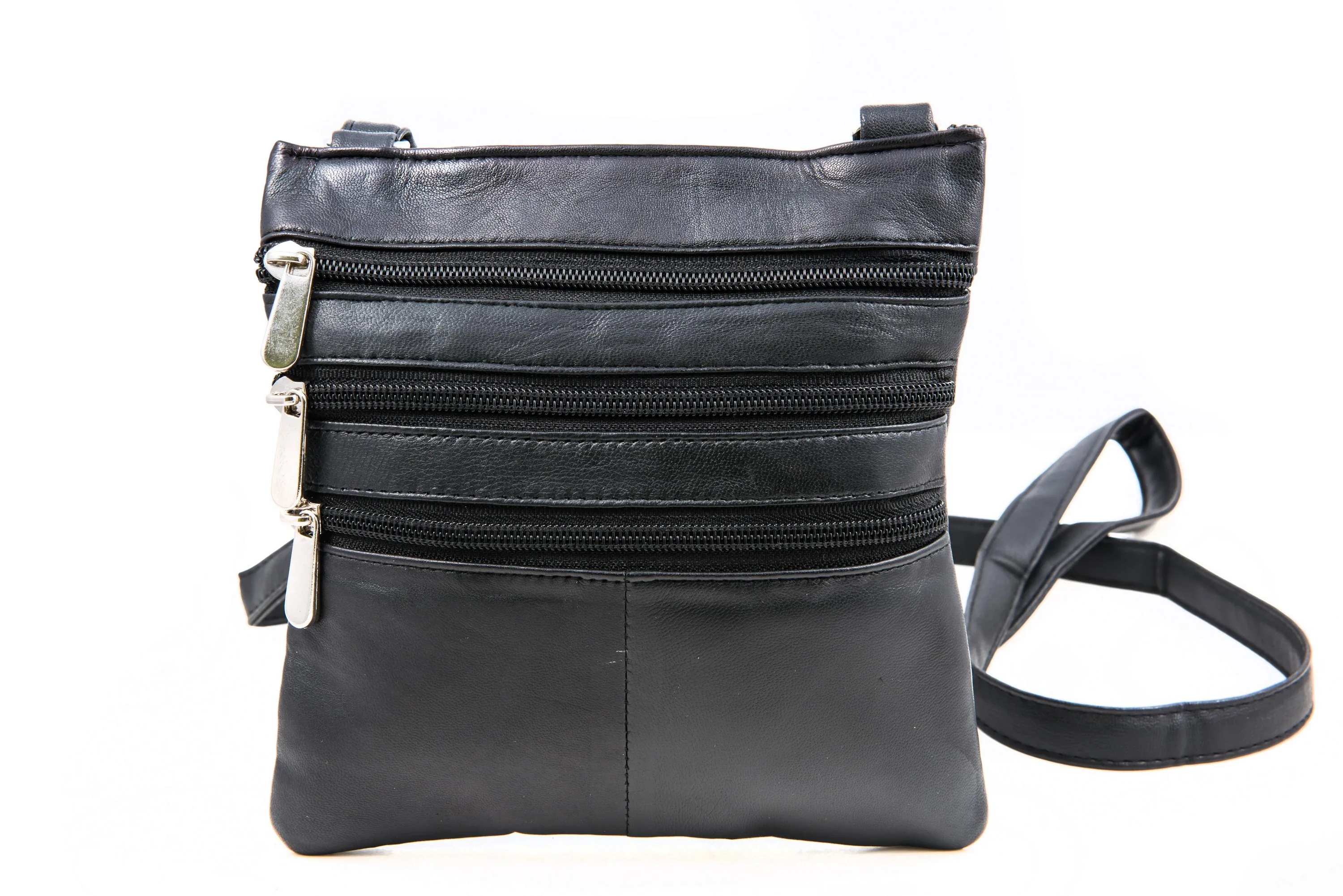 Champs Luggage Black Leather Triple Zip Crossbody Bag Size 7"X7"X0.5"