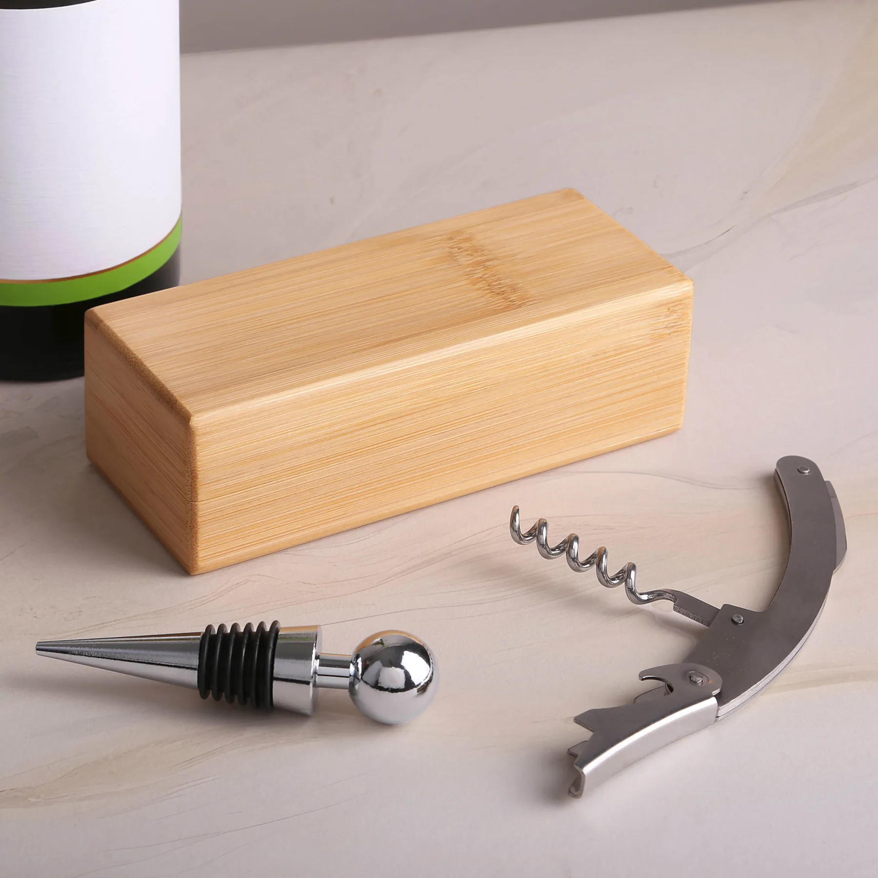 2 Piece Bamboo Wine Opener Set w/Magnetic Closure view 2