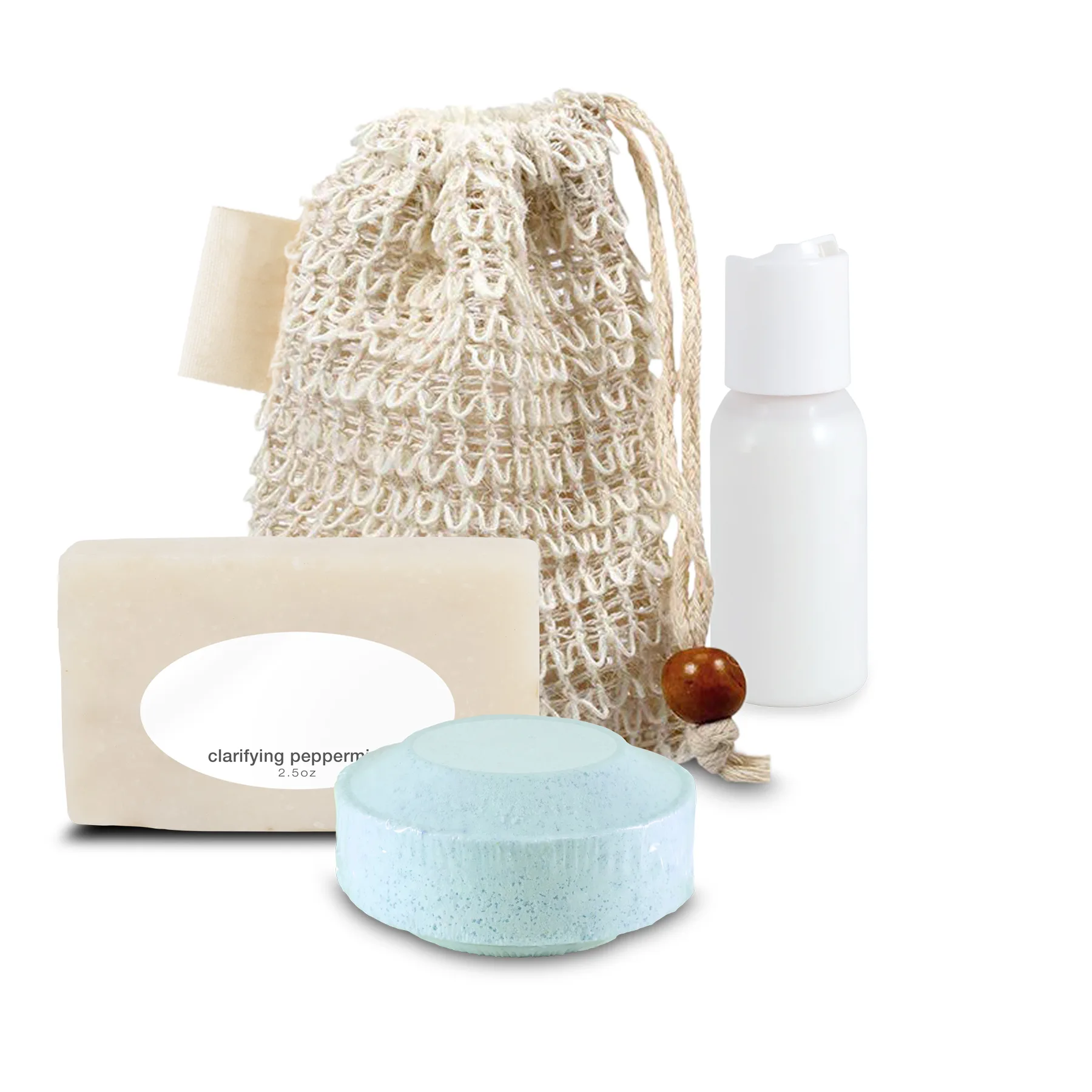 Loofah Bag Self Care Set with Mini Soap, Shower Steamer, and Lotion, Sewn-in Tag view 2