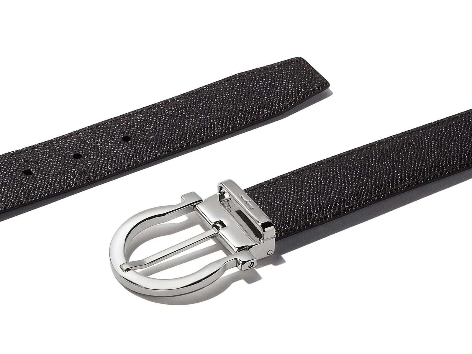 Salvatore Ferragamo Black/Hickory Brown Reversible And Adjustable Gancini Belt