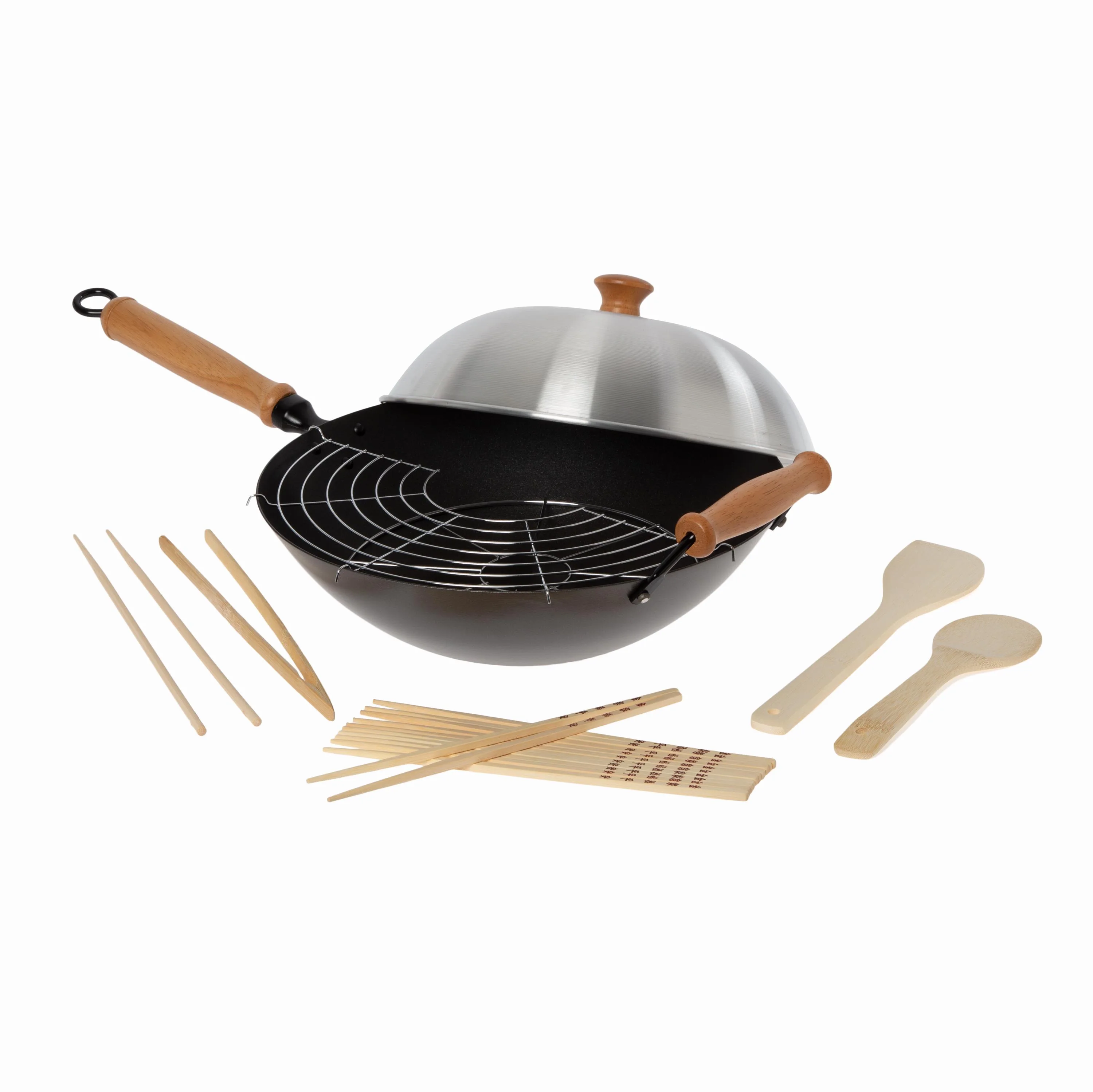 KitchenSupply Joyce Chen Professional Series 14" Carbon Steel Excalibur Nonstick Flat Wok Set 10 Pc