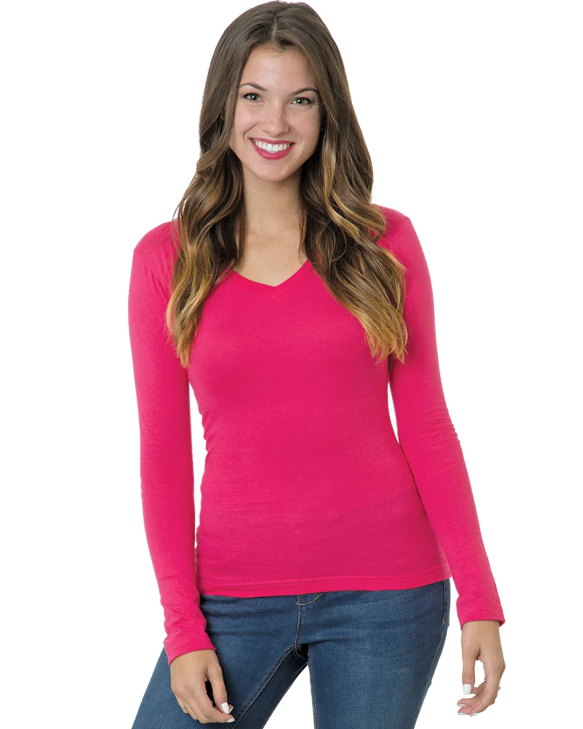 BAYSIDE Ladies' USA Made Long-Sleeve Deep V-Neck T-Shirt view 2