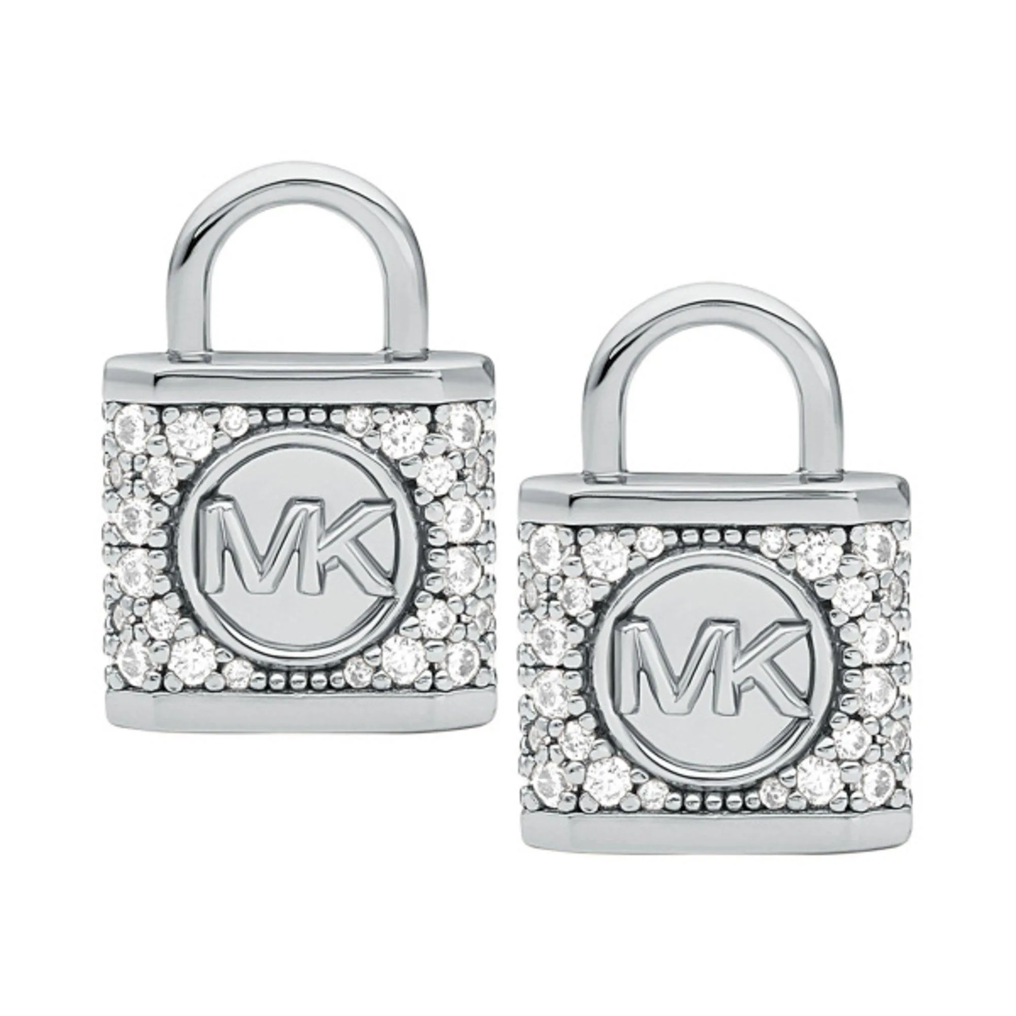 Michael Kors Precious Metal Sterling Silver Lock Pave Stud Earrings Rhodium Plating