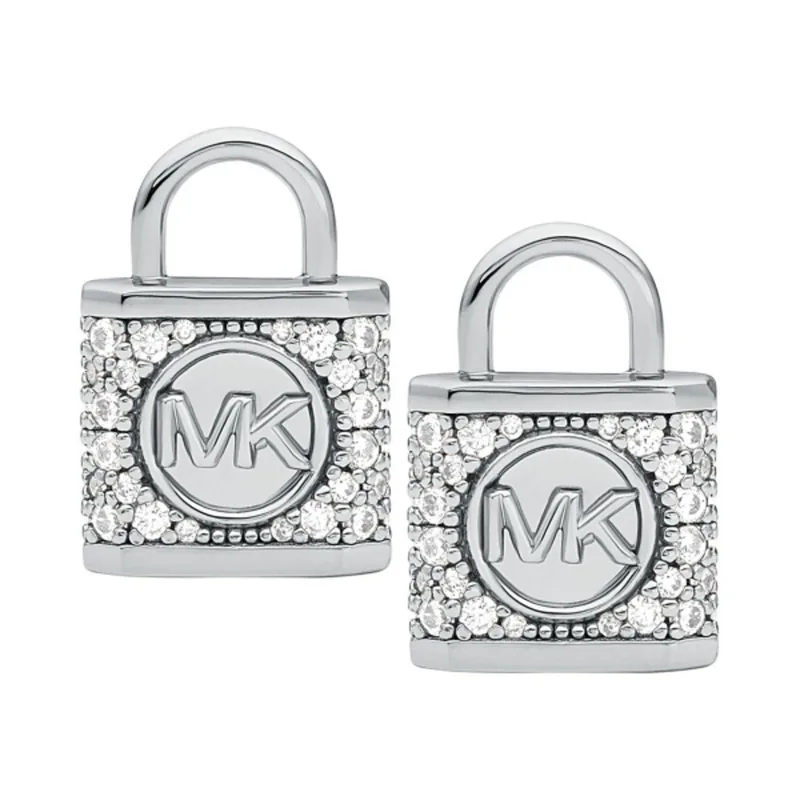 Michael Kors Precious Metal Sterling Silver Lock Pave Stud Earrings Rhodium Plating
