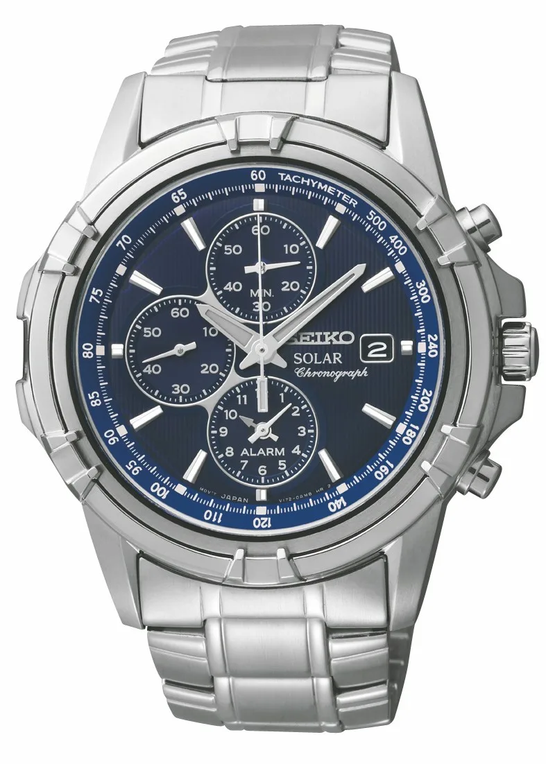 Seiko Watch Mens Solar Alarm Chronograph Silver Case Blue Dial