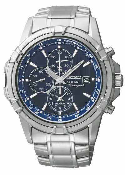 Seiko Watch Mens Solar Alarm Chronograph Silver Case Blue Dial
