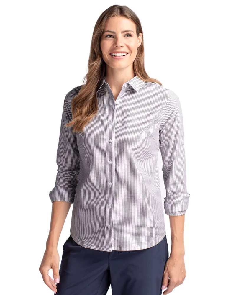 Cutter & Buck Stretch Oxford Stripe Womens Long Sleeve Dress Shirt