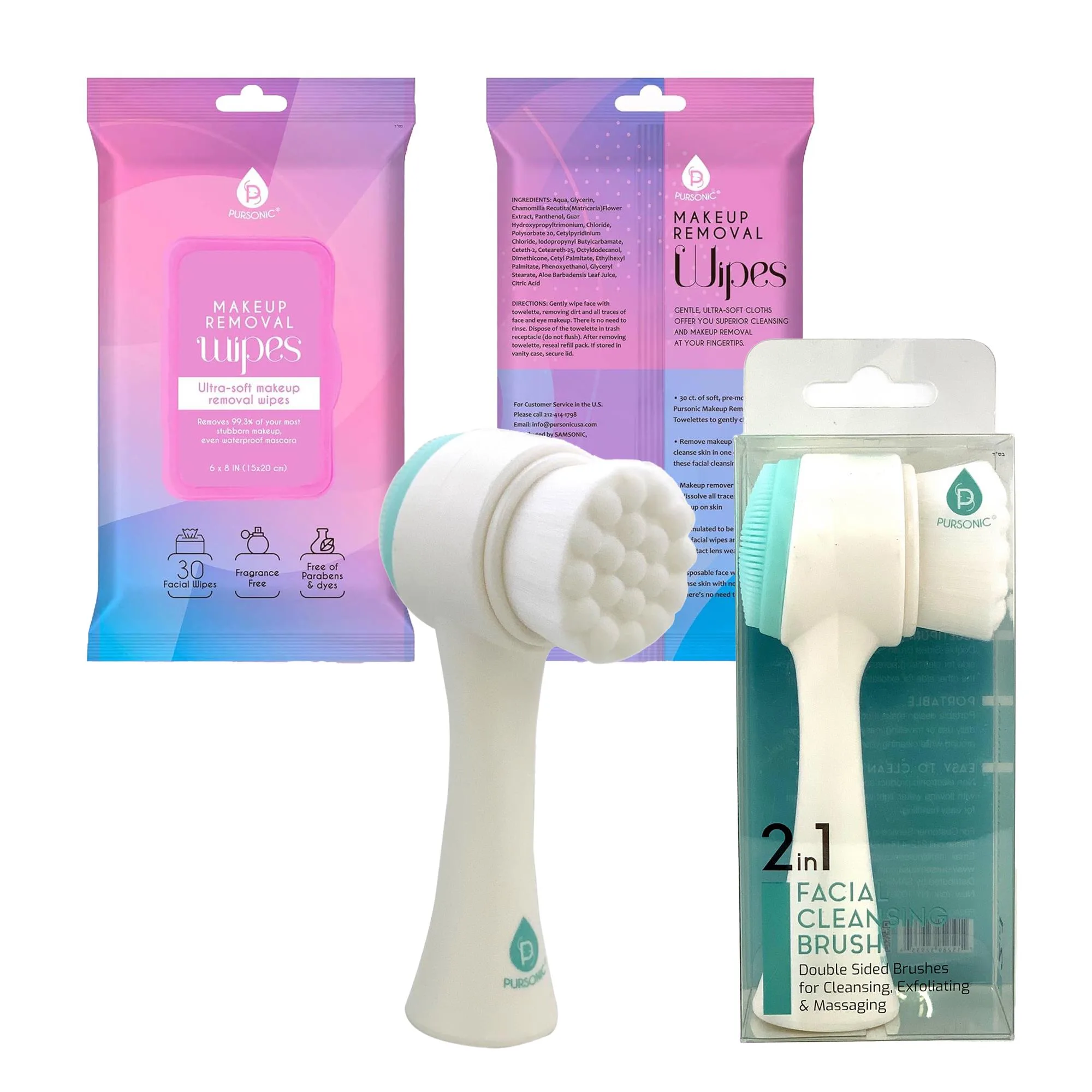 Pursonic Radiant Beauty Bundle: Dual Sided Facial Cleansing Brush & Makeup Removal Wipes (12 Pack)