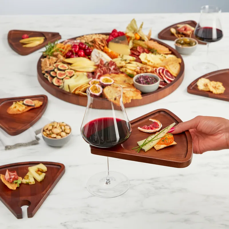 Wine Enthusiast Acacia Wood Serving Board/Cocktail Appetizer Plate w/Wine Glass Holder (7-Piece Set)