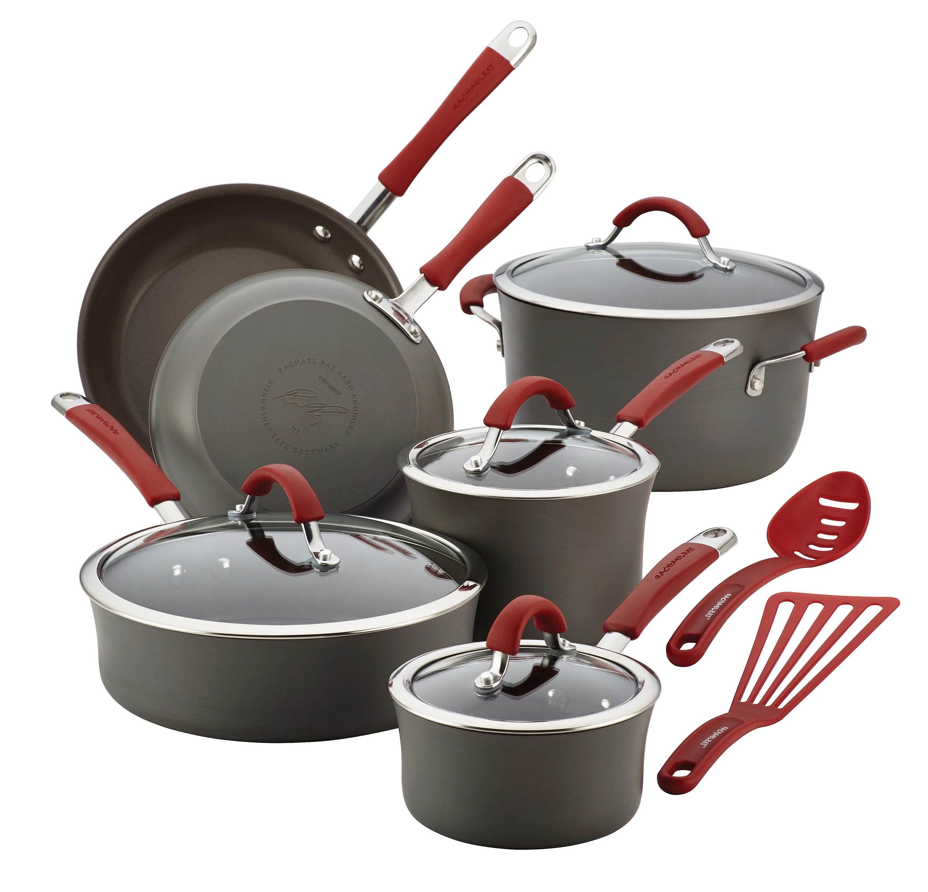 Rachael Ray 12Pc Cucina Hard-Anodized Cookware Set Red Handles