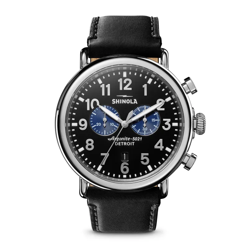 Shinola Mens' Runwell Chrono Black Leather Strap Watch Black Dial