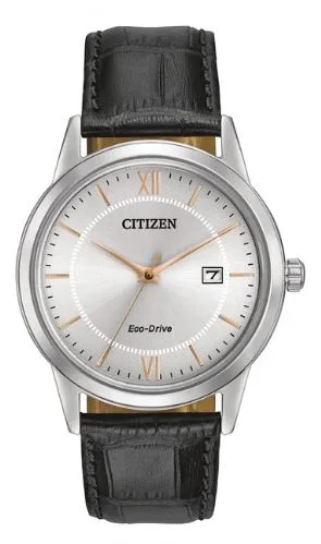 Citizen® Men's Eco-Drive® Stainless Steel Watch w/Black Leather Strap & Rose Gold Accents