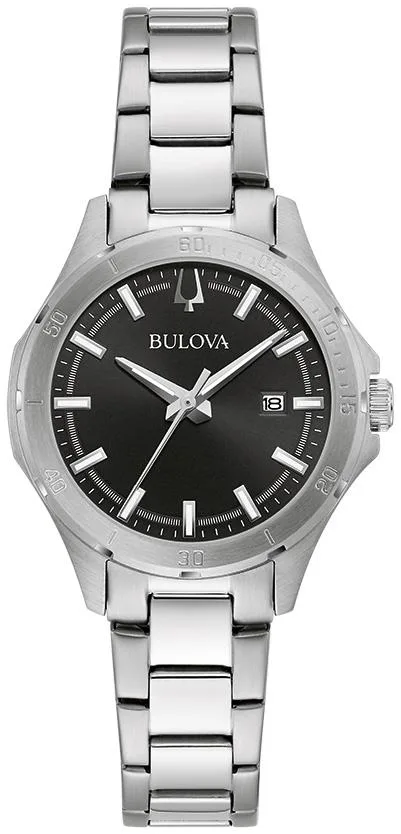 Bulova Watches Corporate Collection Ladies' Silvertone Stainless Steel Watch, Black Dial