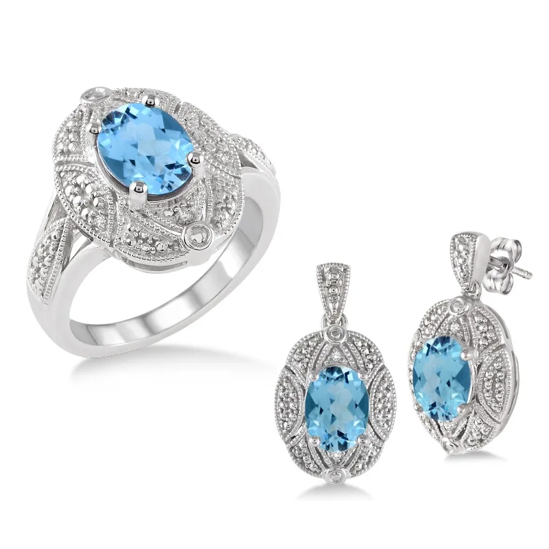 Jilco Inc Blue Topaz & Diamond Earring And Ring Set