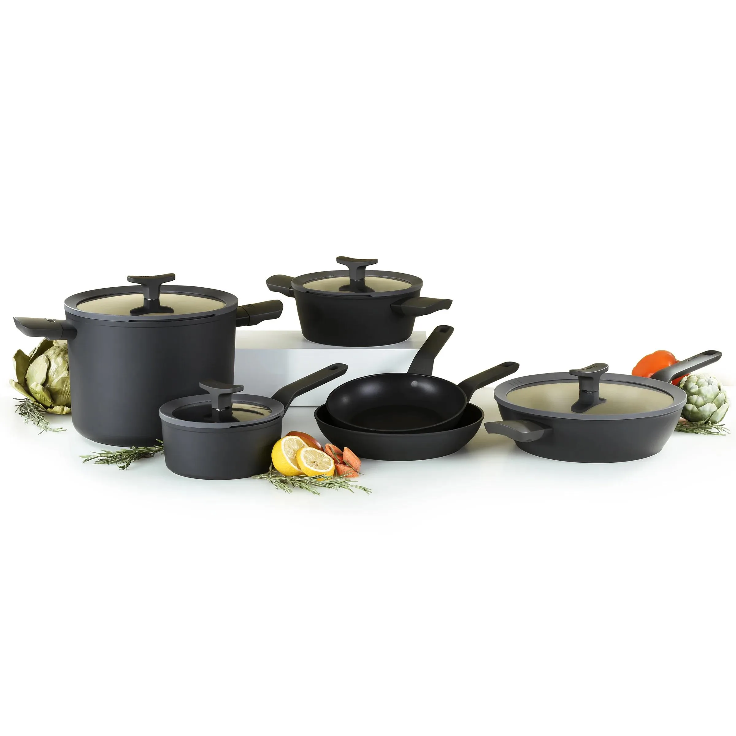 BergHoff Leo 10Pc Ceramic Ns Cookware Set, Dark Grey