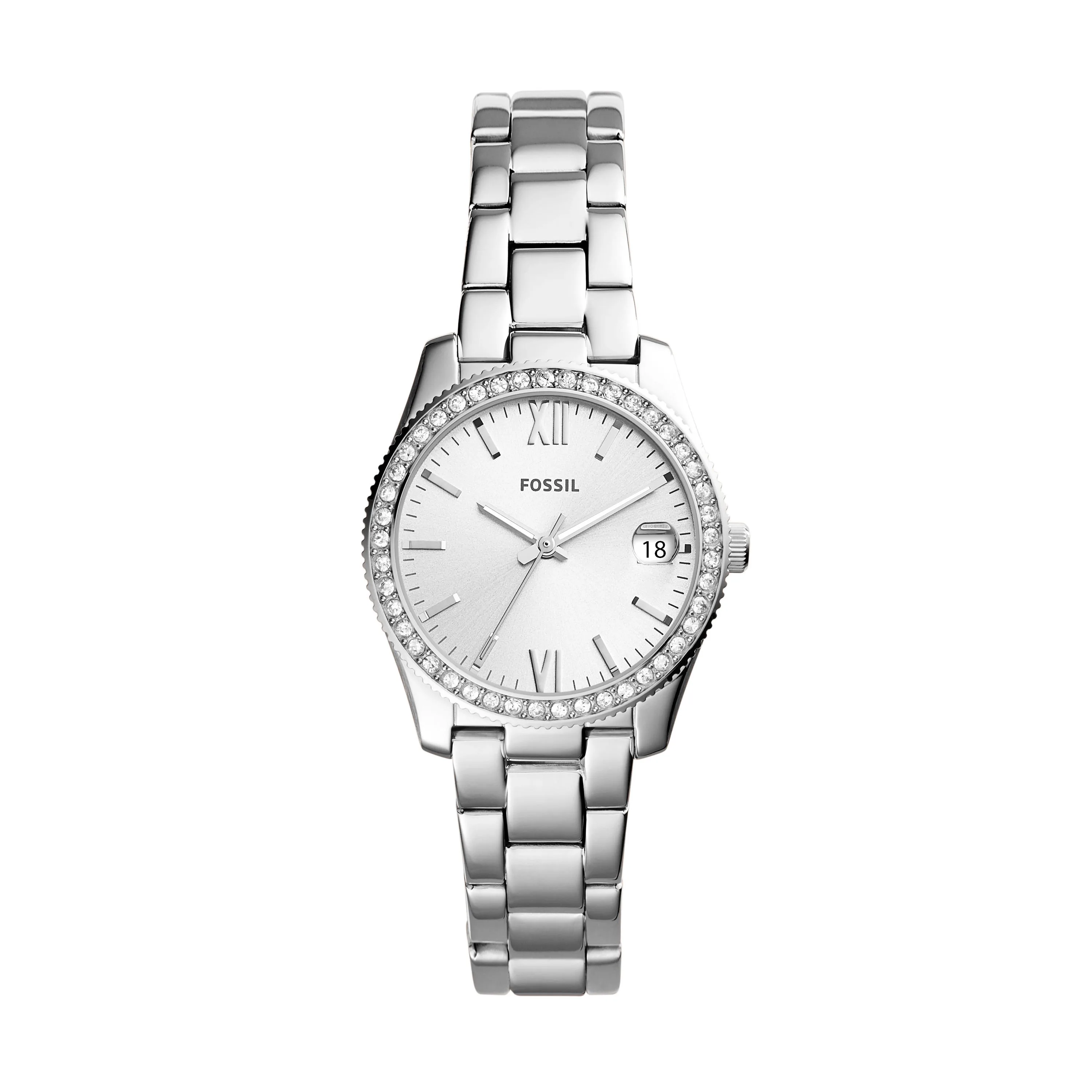 Fossil Ladies Scarlette Mini Silver Crystal Watch Silver Dial